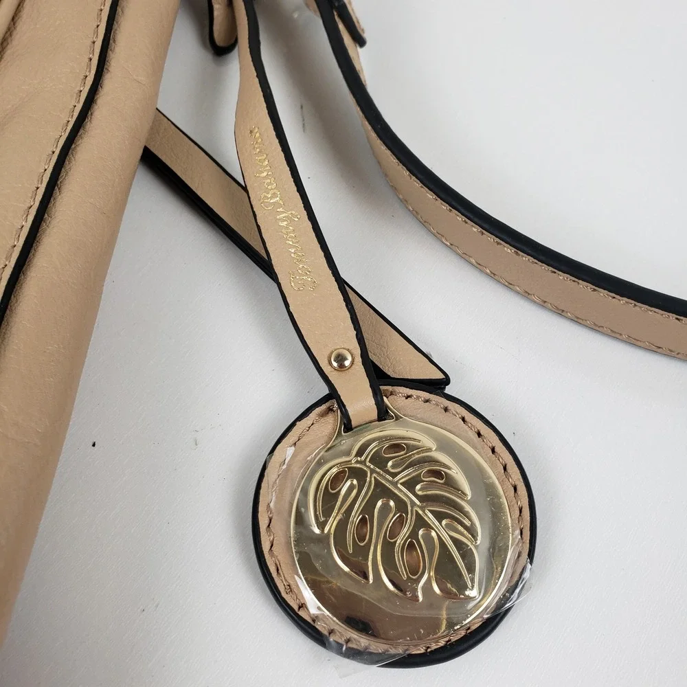 Tommy‎ Bahama Tan Leather Laser Cut Chevron Crossbody Bag Gold Hardware Charm